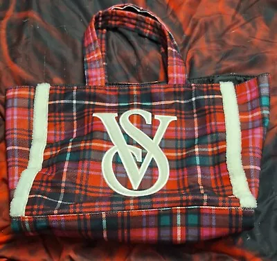 VICTORIA'S SECRET Red Plaid Holiday VS LOGO Plaid Tote Getaway Bag • $10.99