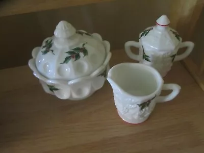 Vintage Westmoreland Milk Glass Holly Candy Creamer Sugar Bowl W/lid • $42