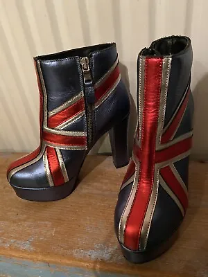 Union Jack Leather Ankle Boots Platform Heel Glitter Buffalo 37 90’s Fancy Dress • £49