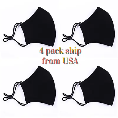 4 Face Masks Reusable Black Cotton Adult Mask Adjustable Elastic Loops Washable • $8.99