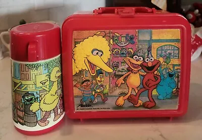 Vintage Sesame Street Lunchbox W Thermos Big Bird Elmo Cookie Monster Red 1970s • $23.99