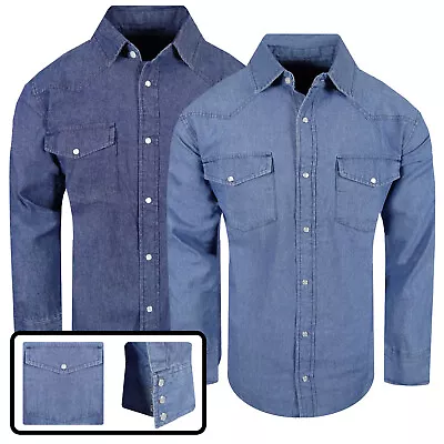 Denim Western Shirt Mens Stone Wash Cotton Stretch Snap Pocket Contrast Stitch • $21.95