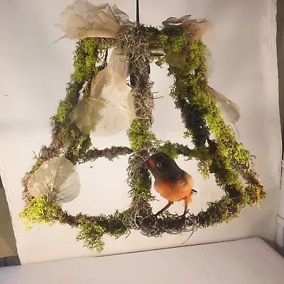 OOAK Woodland REAL Reindeer MOSS Artist Made LAMP SHADE Hanging Light W Bird  • $99.99