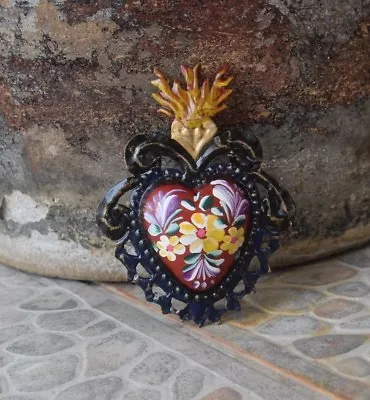  Heart Painted Flowers Milagros Style Day Of Dead Exvoto Nicho Retablo  • $20