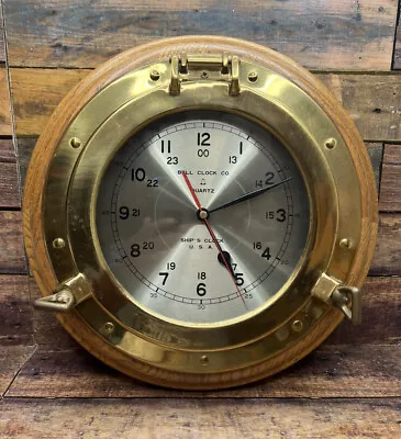 Vintage Bell Clock Company ~ Nautical Ship's Porthole Brass & Oak Wall Clock • $99.99
