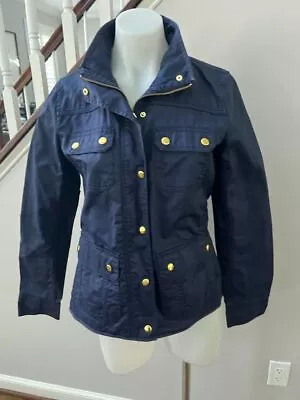 J Crew Waxed Cotton Jacket Womens Small Navy Blue Field Gold Buttons Xs • $29