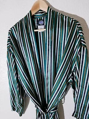 Vtg Isaco Yellow Green 100% Silk Satin Boat Stripe M/L Smoking Robe Jacket Coat  • $179.95