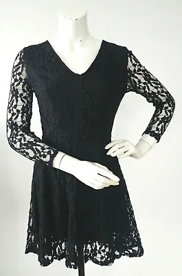 £2.50 • Buy Pins & Needles Black Lace Long Sleeve Short Lined Button Front Stretch Dress 12