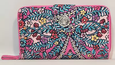 VERA BRADLEY Turn Lock Zip Around Wallet Hot Pink Teal Berries 7.75  X 5  • $18.99