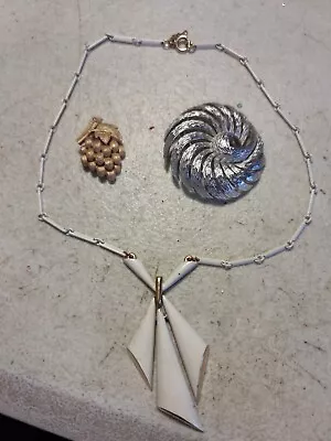 3 Vintage Signed Crown Trifari Pieces- 2 Brooches 1 Necklace  • $30