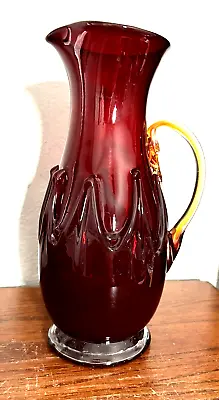 Vintage Murano Ruby Red & Amber Hand Blown Embossed Glass 9.5  Pitcher Italy • $19.99