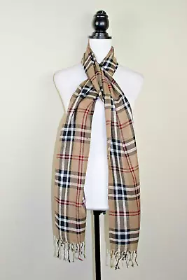 Beige Black Checked Scarf With Fringes BNWT 20  X 70  Plaid Iconic British • £3.99