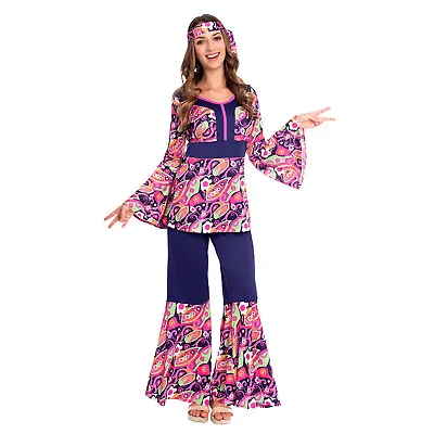 Adult Ladies 60s Hippy Chick Fancy Dress Costume 1960s Hippie Disco Outfit New • £26.99