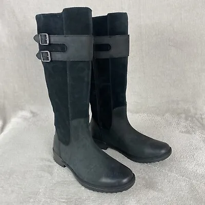 UGG Zarina Knee High Riding Boots Size 11 Black Suede Leather Sheepskin NEW • $71.99