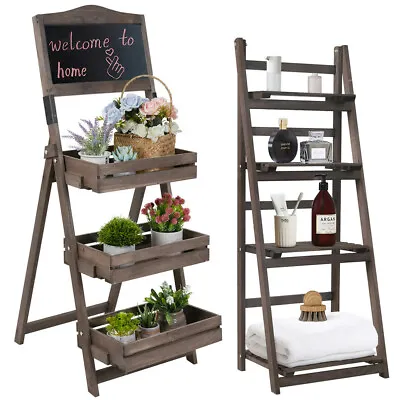 3/4 Tier Wooden Ladder Shelf Display Stand Unit Home Plant Flower Book Shelves • £32.91