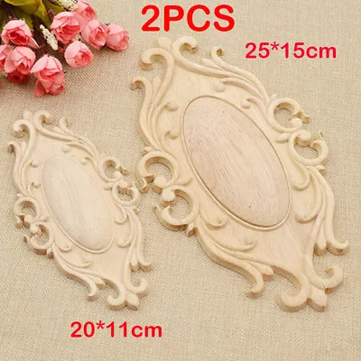 2pcs Oval Wood Carved Applique Corner Onlay Unpainted Furniture Figurines Decor • $17.98