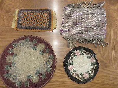 4 Antique Vintage Handcrafted Dollhouse Petit Needlepoint Hooked Rug Velvet Rag • $12.99