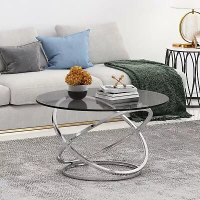 $181.55 • Buy Hearney Modern Glass Top Round Coffee Table, Gray And Chrome