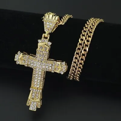 Crystal Cross Big Pendant Necklace Chain Crucifix Rhinestone Jewellery Men Women • £3.59