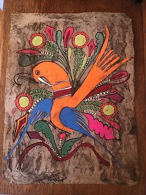 Folk Art Painting On Amate Bark Floral Neon Orange Bird Colorful Vintage Mexico • $15