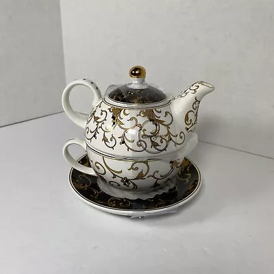 Grace Teaware Tea Set For One Teapot Black White And Gold. • $29.99