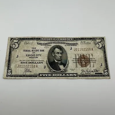 1929 Federal Reserve Bank Of Kansas City MO $5 National Currency • $79.99