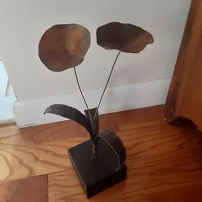 Free Standing Vintage Metal Art. Flowers  With Wooden Base 13  Tall • $15