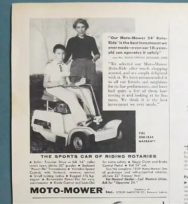 1959 Moto-Mower Lawn Tractor Ad  Endorsed By Mrs. Wilbur Stuckey Of Loveland OH • $8.95