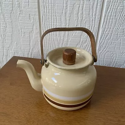 Vintage MCM Metal Teapot 4.5” Diameter Tan Striped 60s 70s Wooden Handle     F • $12