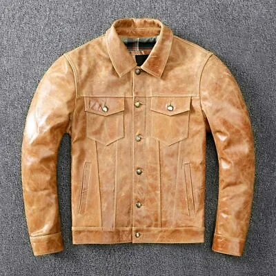 Genuine Cowhide Leather Jacket Men's Denim Jacket Slim Pocket Button Short Coats • $267.99