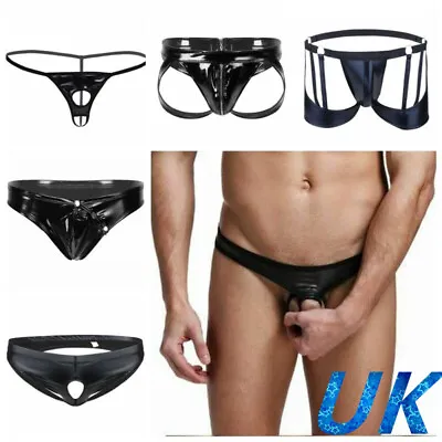 UK Mens Wetlook PVC Leather Panties Zipper Sexy Underwear Bikini Briefs Clubwear • £14.53