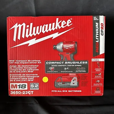 Milwaukee 3650-22CT 18V Brushless Compact 1/4  HEX Impact Driver Kit W/2x 2Ah • $120