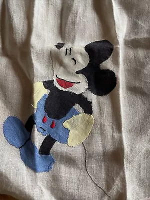 1930’s Mickey Mouse Appliqué Blue Shorts 8” Hankie From France • $32.99