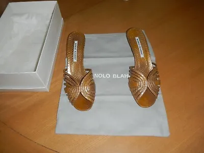 Manolo Blahnik  Carimo  Bronze Snakeskin Sandals Kitten Heels New In Box • $400