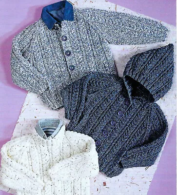 Baby Boys Textured Hooded Jacket Cardigan Sweater KNITTING PATTERN 20 - 30  Aran • £2.15