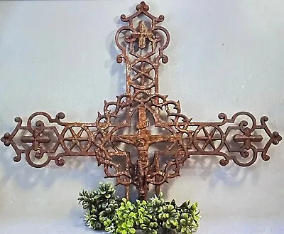 Antique French Iron Cross Fragment With Jesus - Iron Crucifix - Garden Cross • $285