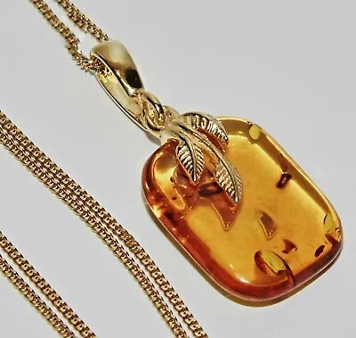 9ct Yellow Gold On Silver Amber Drop With Leaf Design Pendant / Necklace • £14.95