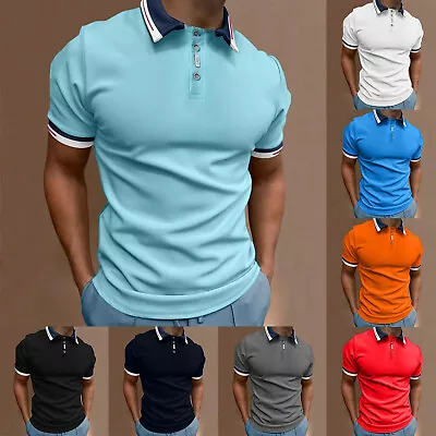 Men Casual Soild Button Golf Shirt Turn Down Collar Short Sleeve Top Polo Shirt • $12.05