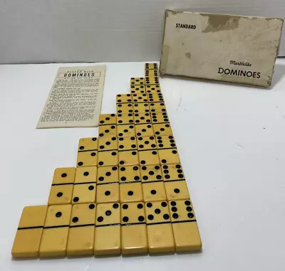 Vintage Marblelike Dominoes In Original Box Rules Complete Set USA Butterscotch • $25.99