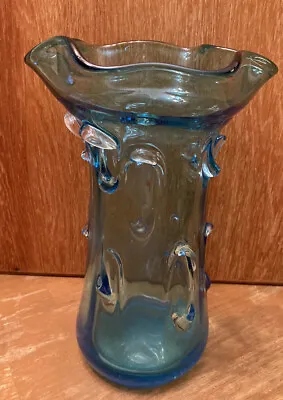 Clear Blue 12” Wide Mouth Glass Vase Heavy Bottom Nodules Unsigned • $26