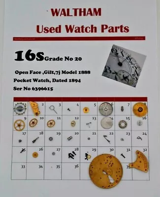 Waltham Used Watch Parts 16 / 16s  Model 1888Grade 620 Ser No 6396615 WP2/31 • £4.99