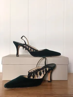 Green Beaded Velvet Manolo Blahnik Slingback Heels • £90