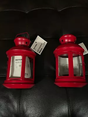 $18 • Buy 2 IKEA ENRUM Lanterns Tealight Candle Holder In/Outdoor, Red, NEW With CANDLES