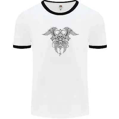 Cross Skull Wings Gothic Biker Heavy Metal Mens Ringer T-Shirt • £8.99