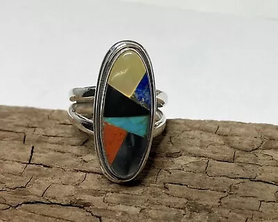 Inlay Multi Stone Sterling Silver Ring Size 7.5 • $32