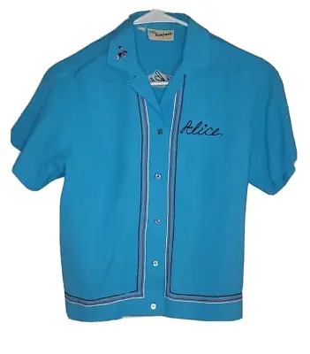 Vintage 1960s King Louie Bowling Shirt M Blue Womans Alice Great Falls 1st Bank • $75