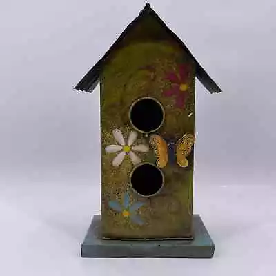 Decorative Hanging Metal Bird House Hand Painted 3D Butterfly Flowers Red Roof • $24.77