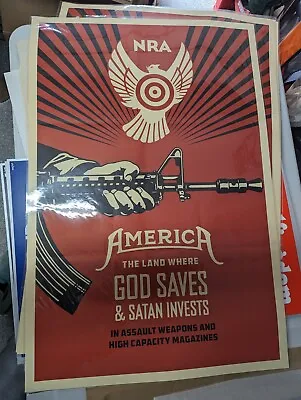 GOD SAVES & SATAN INVESTS Shepard Fairey Obey Giant Andre Poster NRA Gun • £39.56