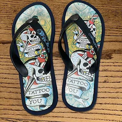 Vintage Ed Hardy Flip Flops Women's Size 7-8 Tattoo  You Skull Print Colorful • $19.99