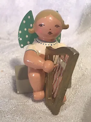 Vintage Expertic GDR Wood Angel W/ Polka Dot Wings & Harp Christmas Figurine • $14.99